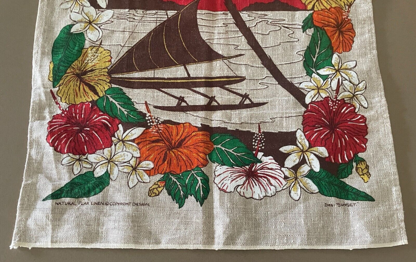 Vintage Tea Towel NI SA BULA FIJI Des SUNSET Tropical Floral Seascape Souvenir