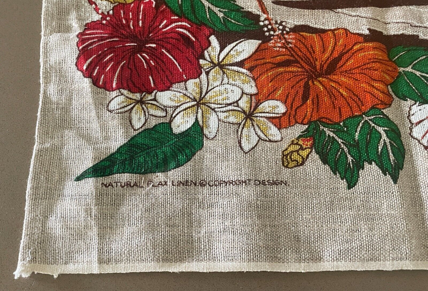 Vintage Tea Towel NI SA BULA FIJI Des SUNSET Tropical Floral Seascape Souvenir
