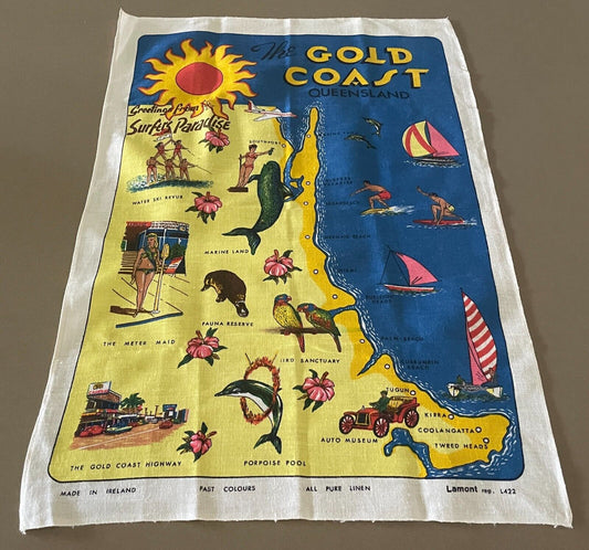 Tea Towel Vintage Souvenir  GOLD COAST Queensland Coast Water Sports Print NEW
