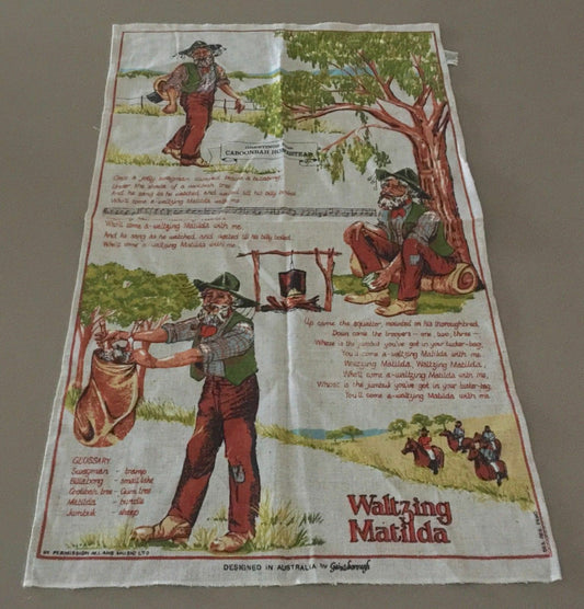 Vintage Linen Tea Towel CABOONBAH HOMESTEAD Waltzing Matilda Lyrics Souvenir