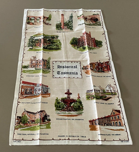Vintage Tea Towel " Historical Tasmania " Pure Linen Souvenir  Unused in Bag NEW