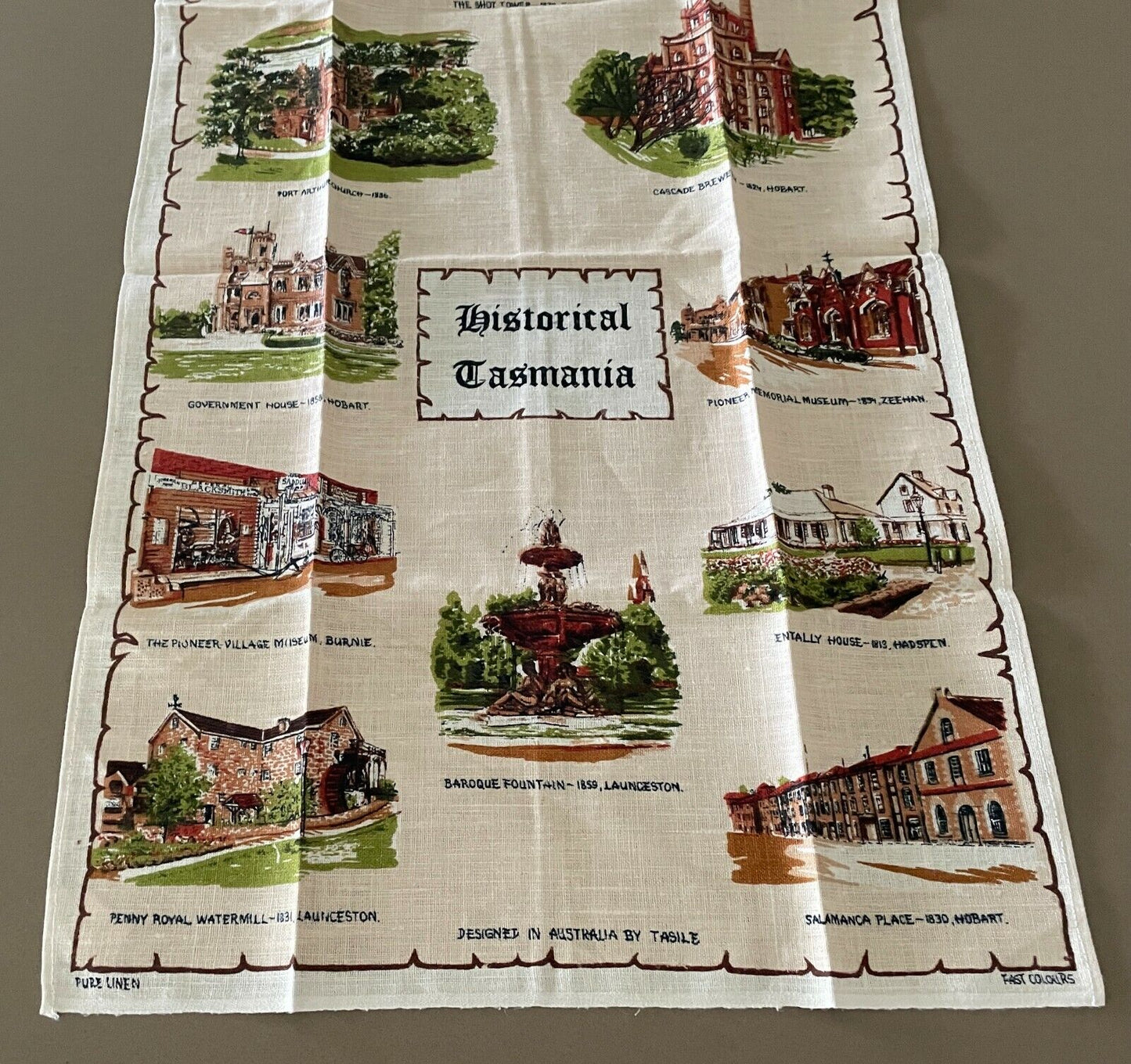 Vintage Tea Towel " Historical Tasmania " Pure Linen Souvenir  Unused in Bag NEW