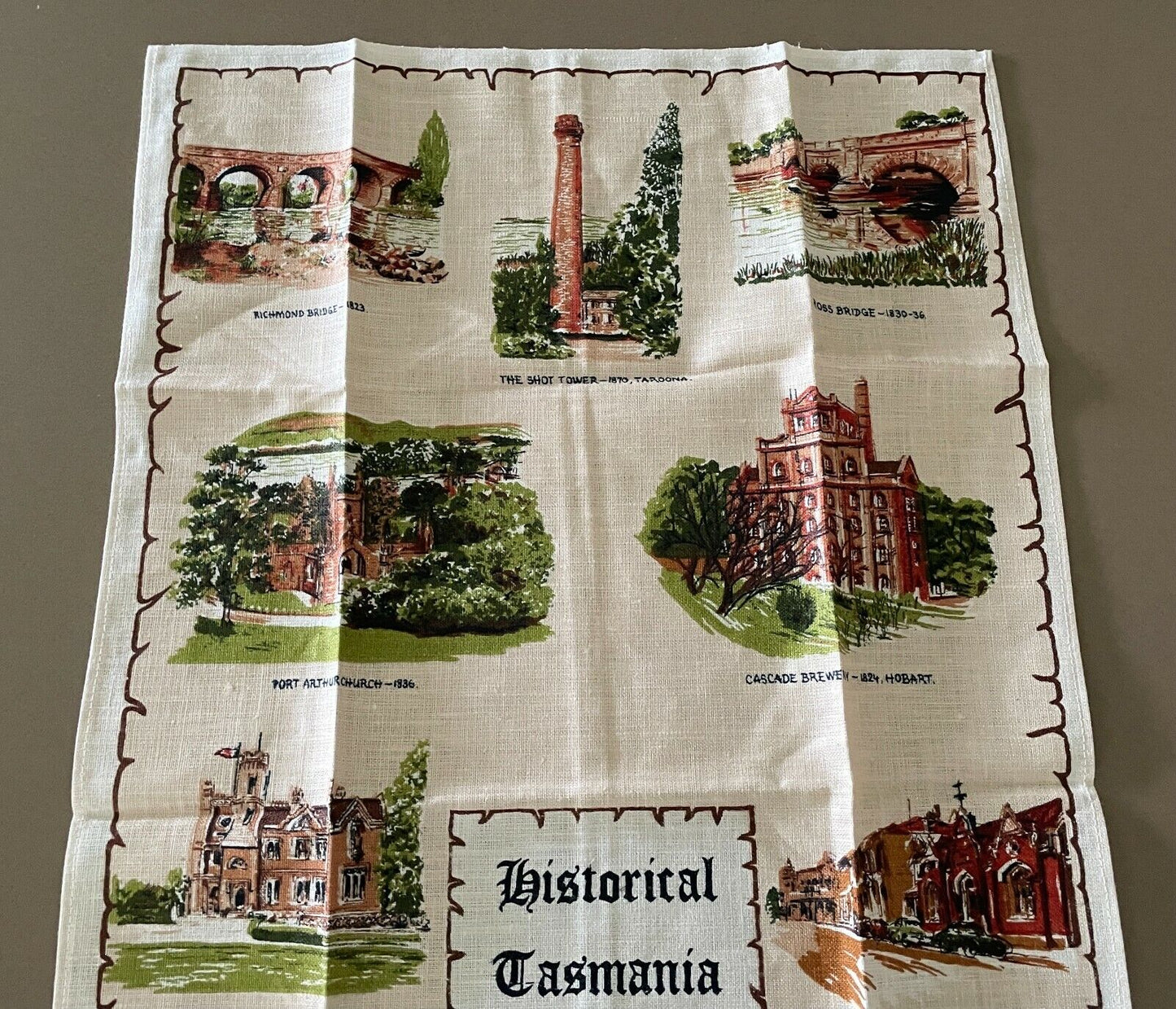 Vintage Tea Towel " Historical Tasmania " Pure Linen Souvenir  Unused in Bag NEW