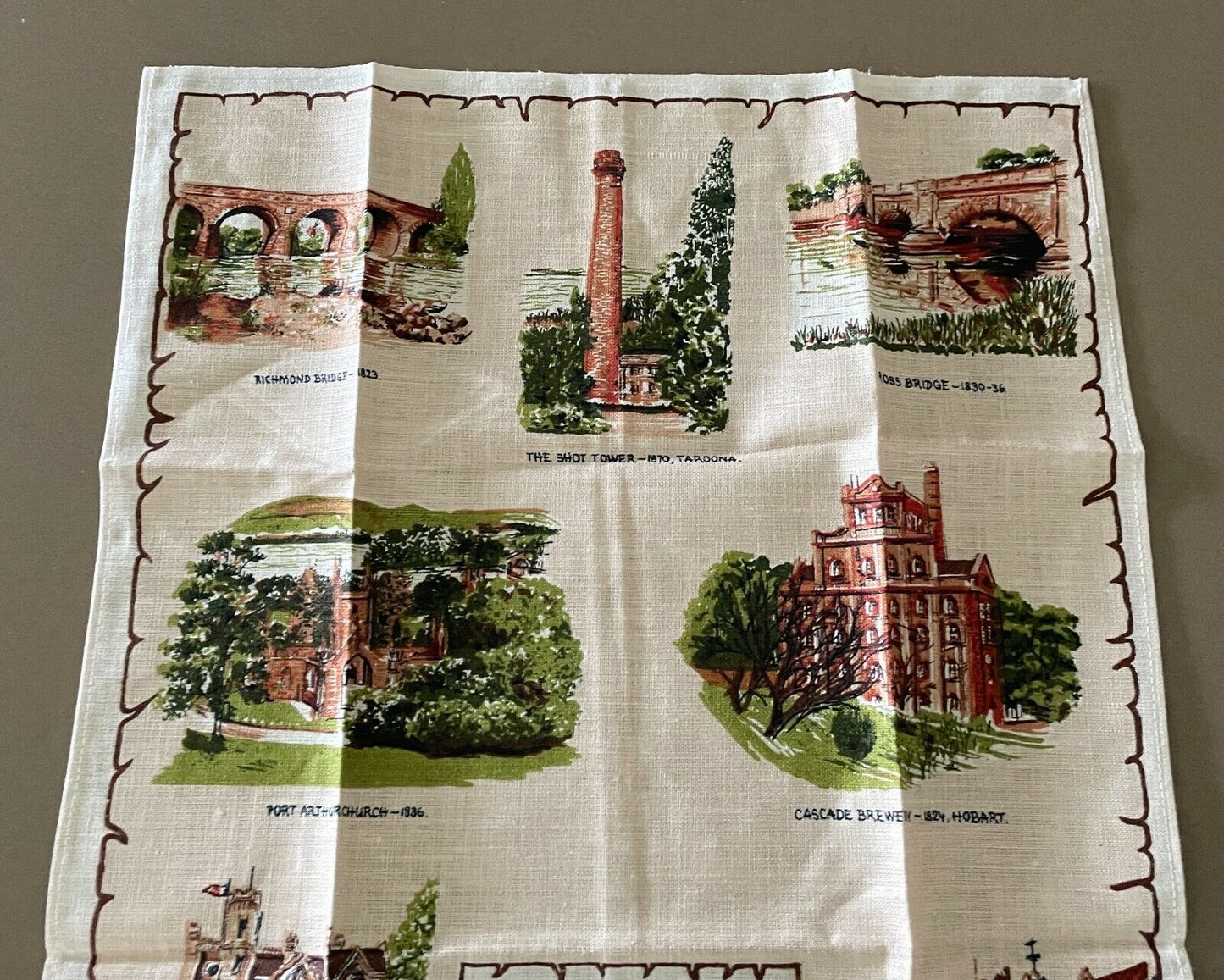 Vintage Tea Towel " Historical Tasmania " Pure Linen Souvenir  Unused in Bag NEW