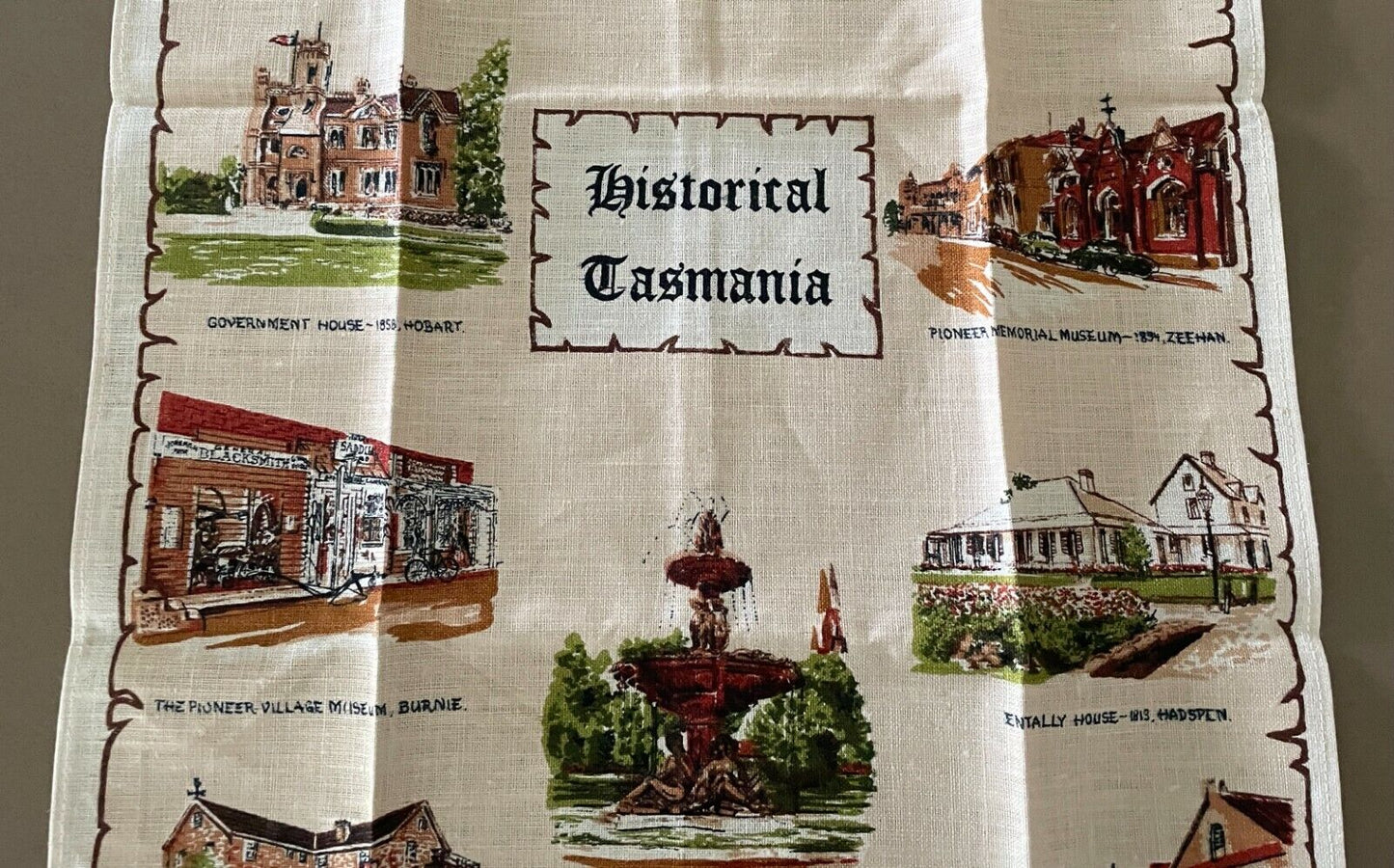 Vintage Tea Towel " Historical Tasmania " Pure Linen Souvenir  Unused in Bag NEW