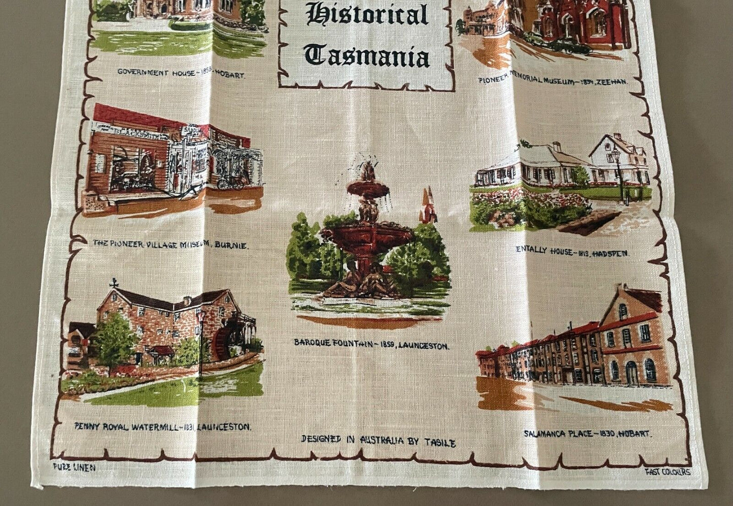Vintage Tea Towel " Historical Tasmania " Pure Linen Souvenir  Unused in Bag NEW