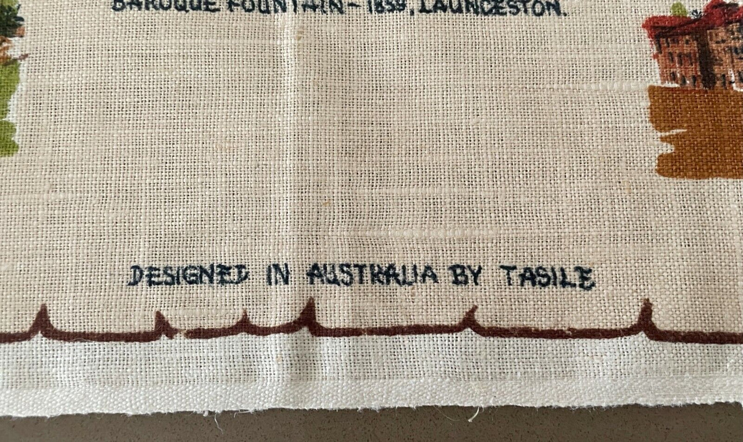 Vintage Tea Towel " Historical Tasmania " Pure Linen Souvenir  Unused in Bag NEW