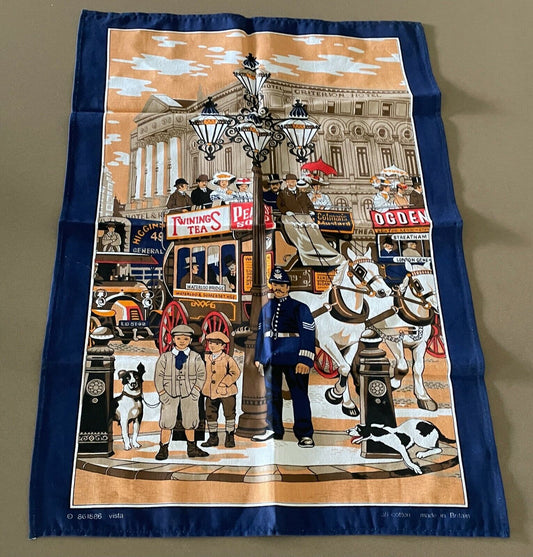 Vintage Tea Towel " Turn of the Century London " Print Souvenir UK Cotton NEW