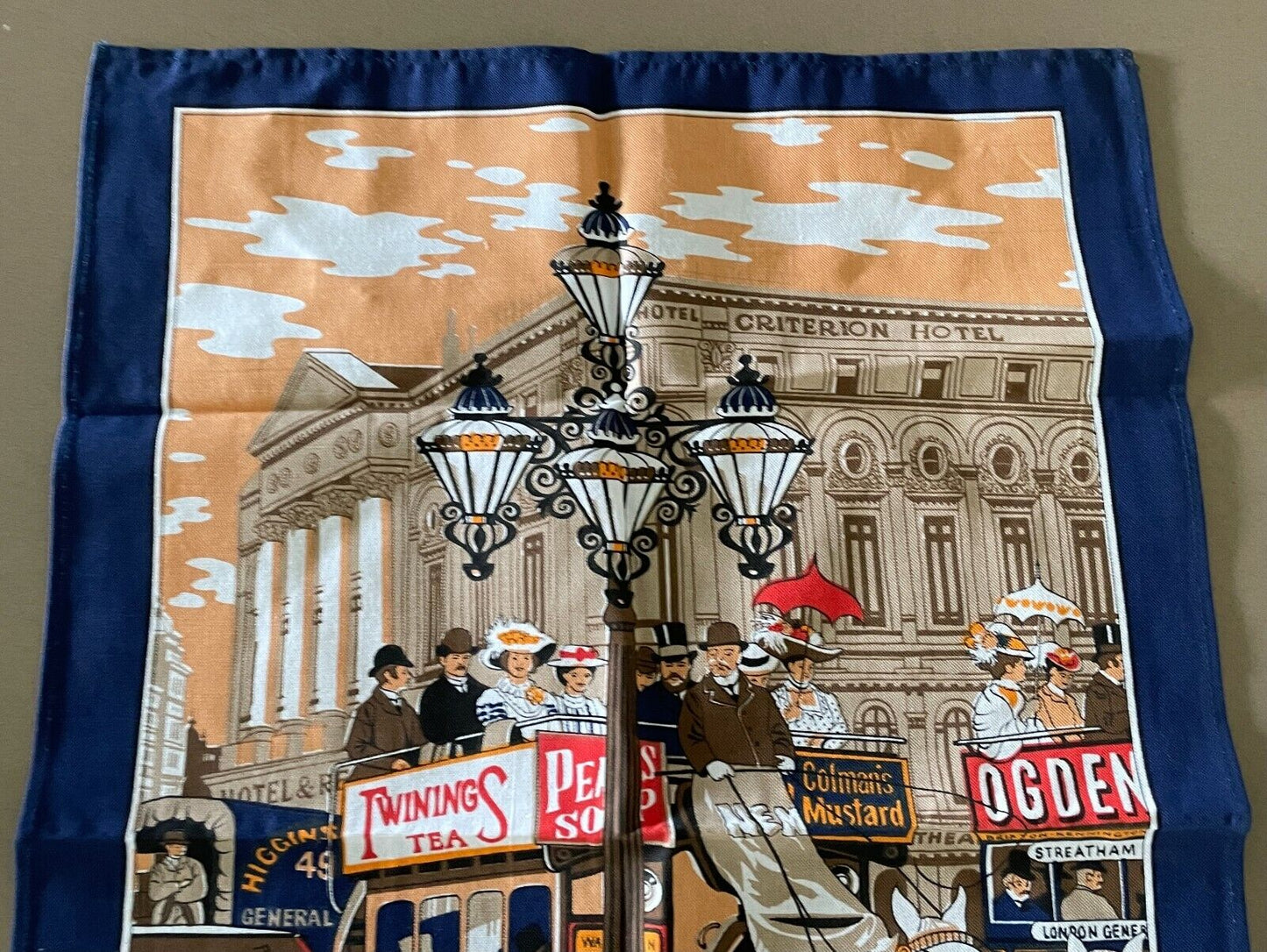 Vintage Tea Towel " Turn of the Century London " Print Souvenir UK Cotton NEW