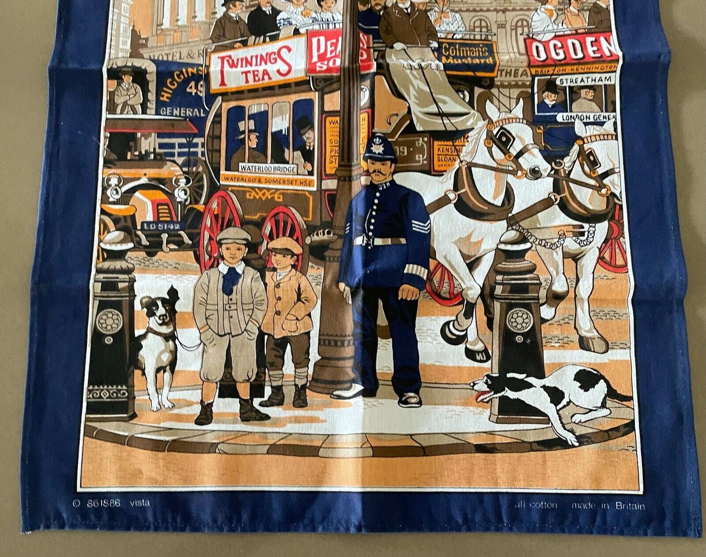 Vintage Tea Towel " Turn of the Century London " Print Souvenir UK Cotton NEW