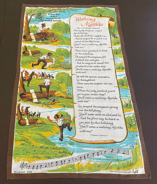 Tea Towel Winton QLD Waltzing Matilda Lyrics Linen Cotton Souvenir Neil lLeil