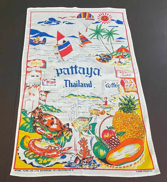 Tea Towel Souvenir PATTAYA THAILAND Food Hand Printed Souvenir Linen Cotton NEW