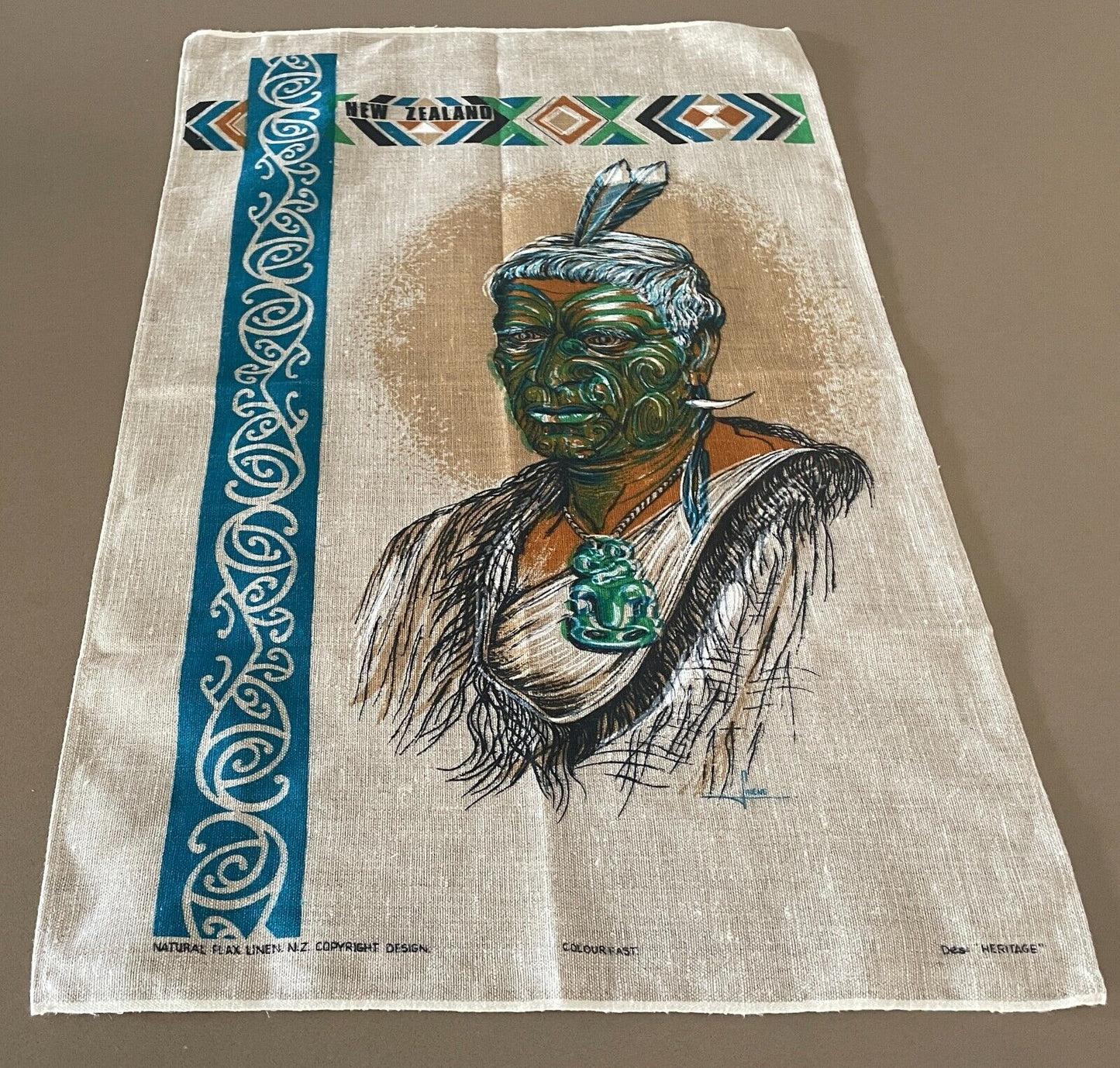 Vintage Tea Towel Souvenir NEW ZEALAND MAORI Print NEW Unused Heavy