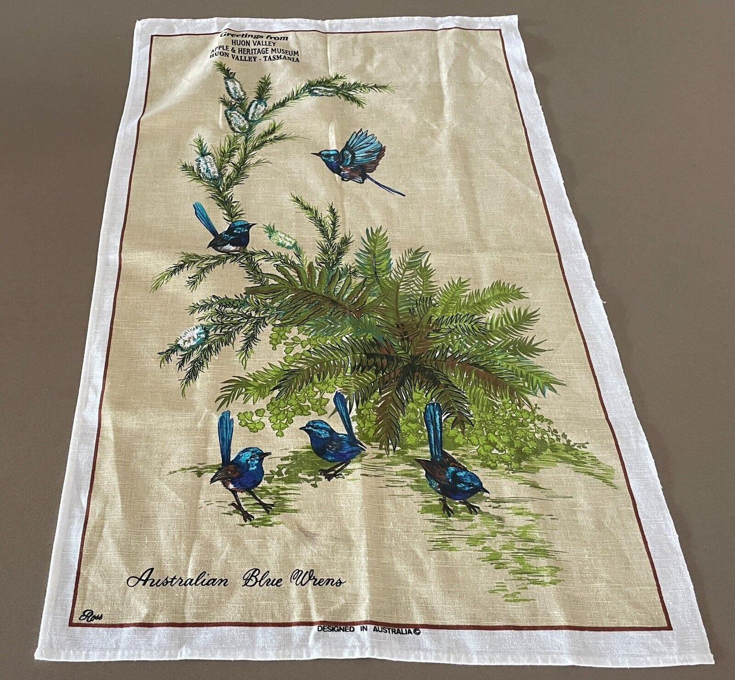 Souvenir Tea Towel HUON VALLEY Tasmania Apple & Heritage Museum Blue Wren Bird