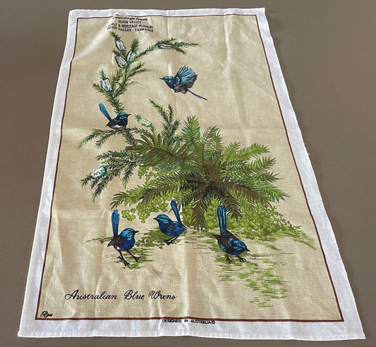 Souvenir Tea Towel HUON VALLEY Tasmania Apple & Heritage Museum Blue Wren Bird