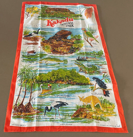 Vintage KAKADU National Park NT Tea Towel Souvenir Flora and Fauna Print NEW