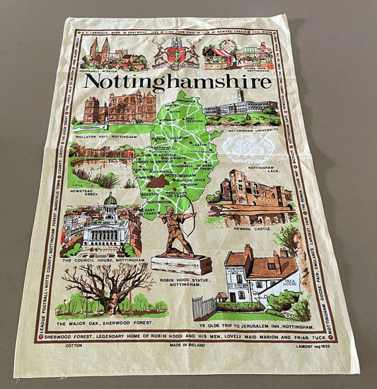 Vintage Tea Towel " Nottinghamshire UK " Print Souvenir Ireland Linen Cotton NEW