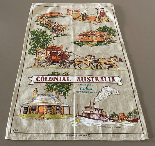 ROSS Vintage Tea Towel COBAR NSW Colonial Australiana Theme Print Souvenir NEW