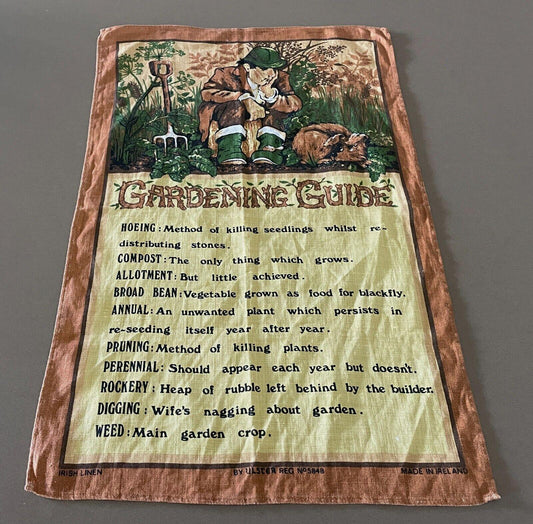 ULSTER Vintage Tea Towel GARDENING GUIDE Comedic Relief Funny Irish Linen