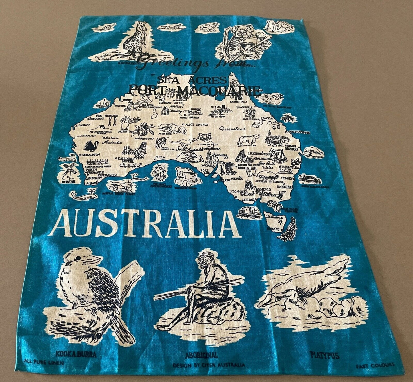 Vintage Tea Towel Sea Acres Port Macquarie  Australia Map Flora Fauna Souvenir