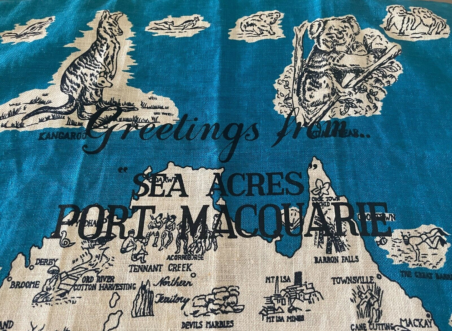 Vintage Tea Towel Sea Acres Port Macquarie  Australia Map Flora Fauna Souvenir