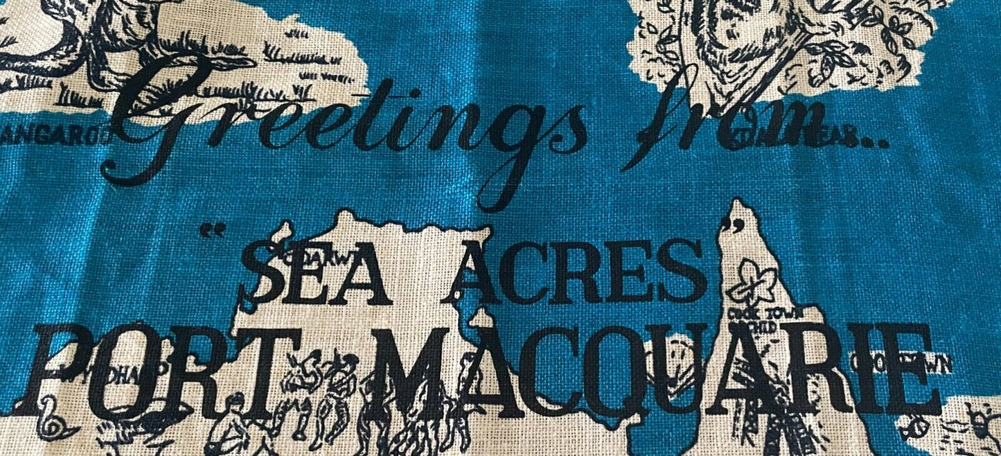 Vintage Tea Towel Sea Acres Port Macquarie  Australia Map Flora Fauna Souvenir