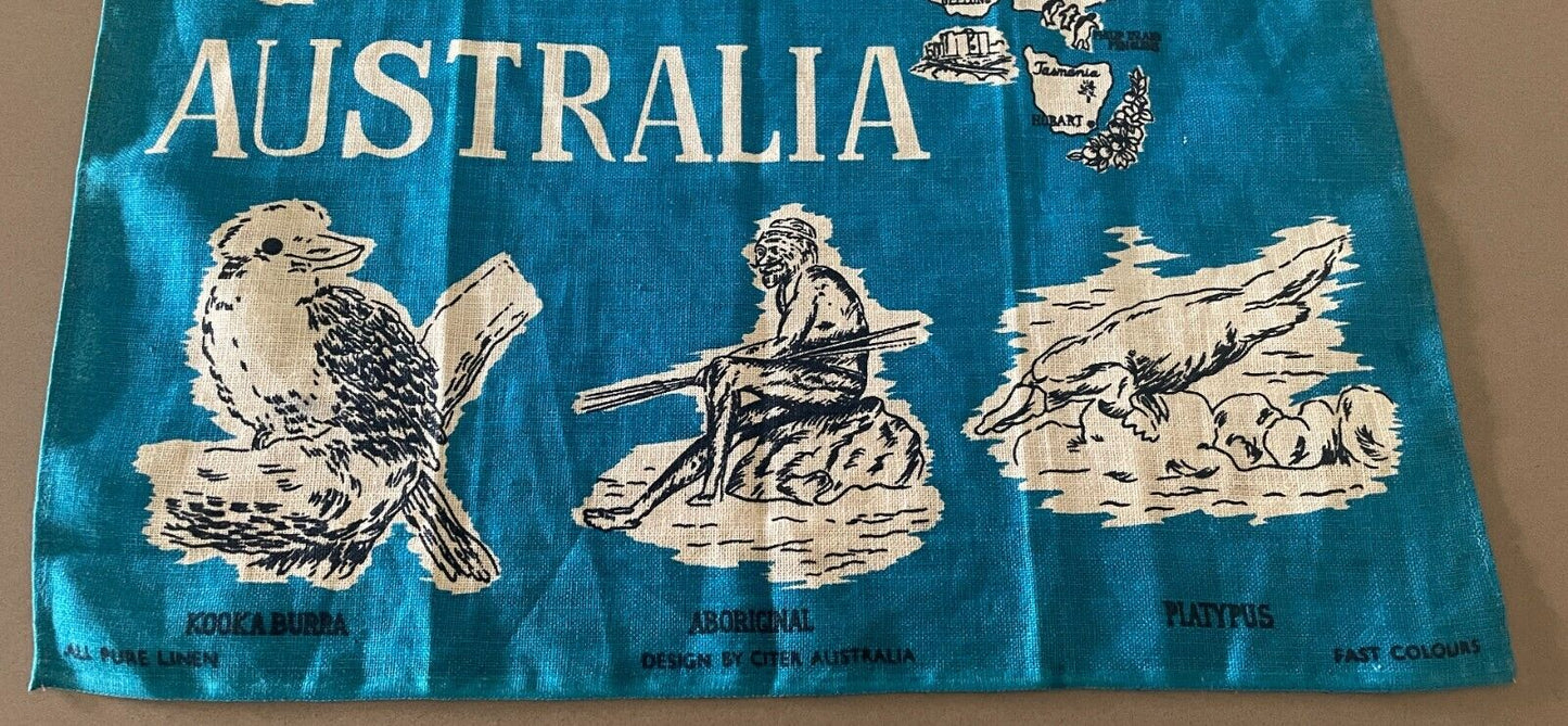 Vintage Tea Towel Sea Acres Port Macquarie  Australia Map Flora Fauna Souvenir