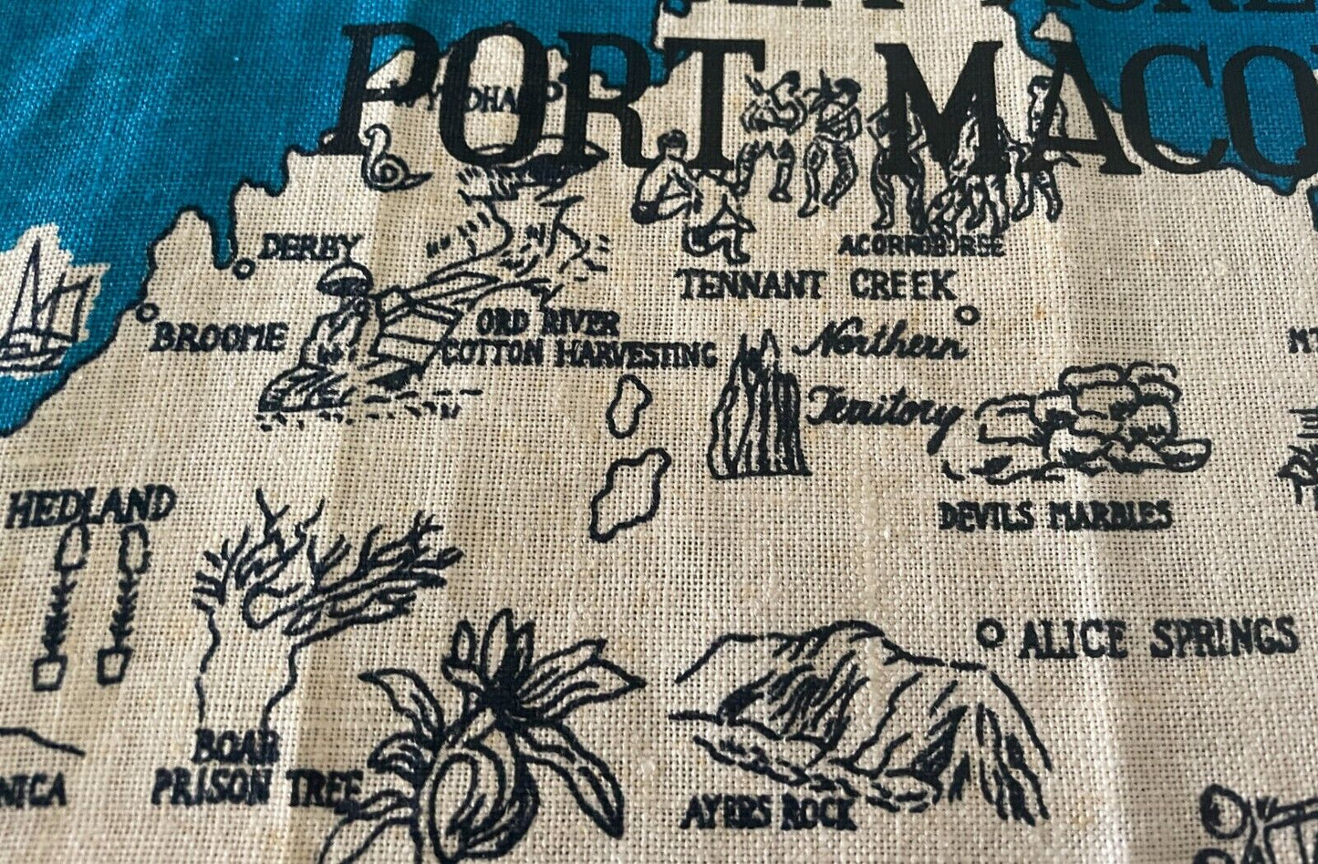 Vintage Tea Towel Sea Acres Port Macquarie  Australia Map Flora Fauna Souvenir