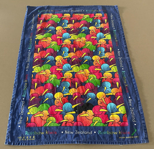 Tea Towel DEREK OF NEW ZEALAND Rainbow Kiwi Multicolour Souvenir Cotton
