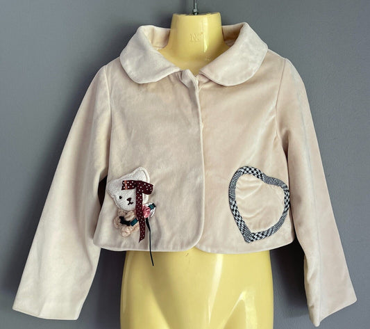 Girls Velour Jacket Collar Teddy Bear Bow Heart Appliques Beige Long Sleeves 5 6