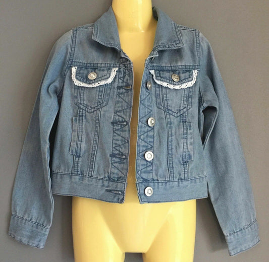 Vintage Girls PUMPKIN PATCH Denim Jacket Faded Blue w Lace Trim Buttoned Size 7