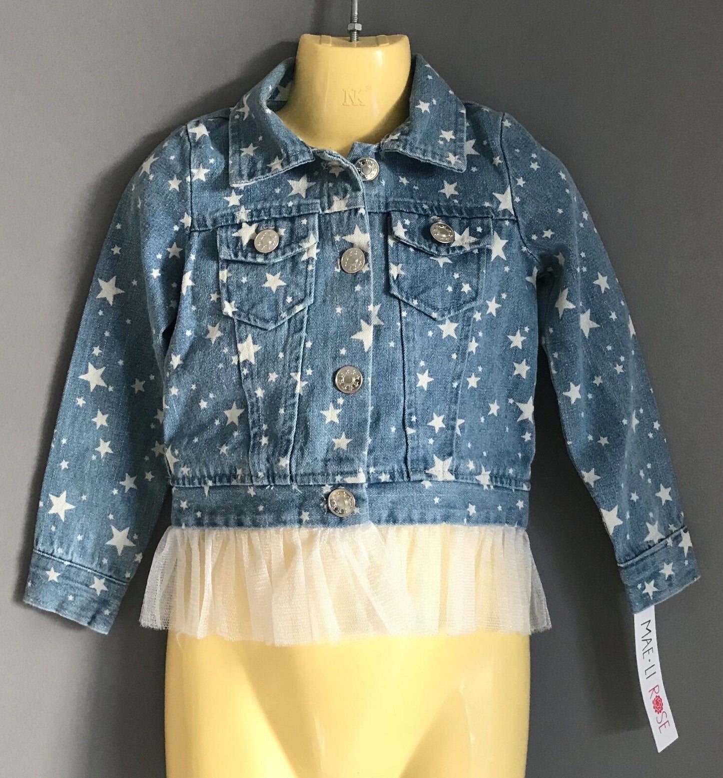 Girls Size 2 MAELI ROSE Denim Jacket w White Star Print & Mesh Net Trim Hem NEW