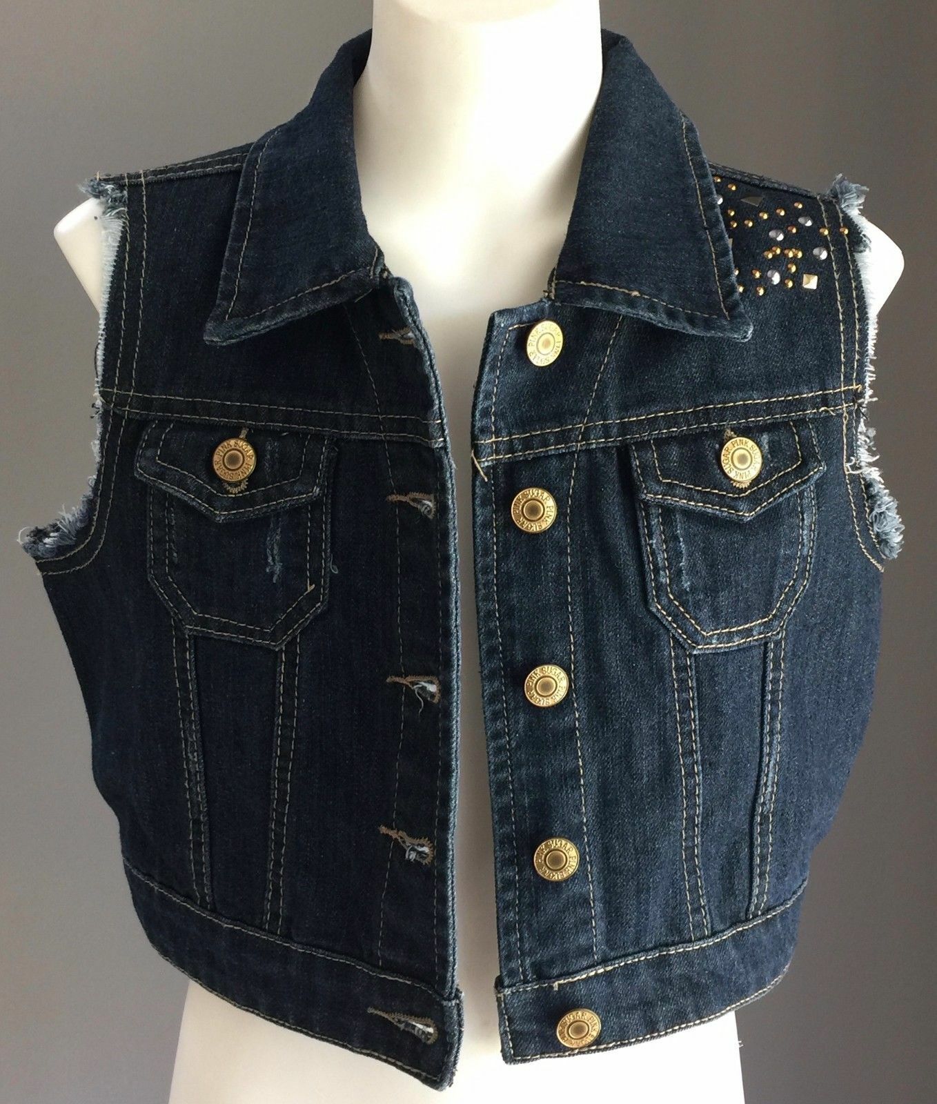 Tween Girl Size 12 PINK SUGAR Denim Jacket Crop Sleeveless Blue w Stud Trim NEW
