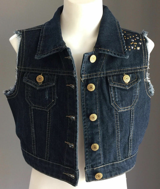 Tween Girl Size 12 PINK SUGAR Denim Jacket Crop Sleeveless Blue w Stud Trim NEW