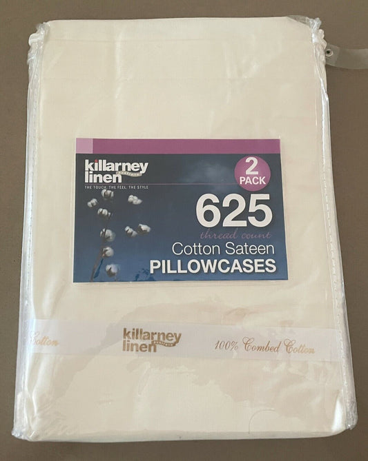 1980s KILLARNEY LINEN  2 Standard Pillowcases 100% Combed Cotton Off White NEW
