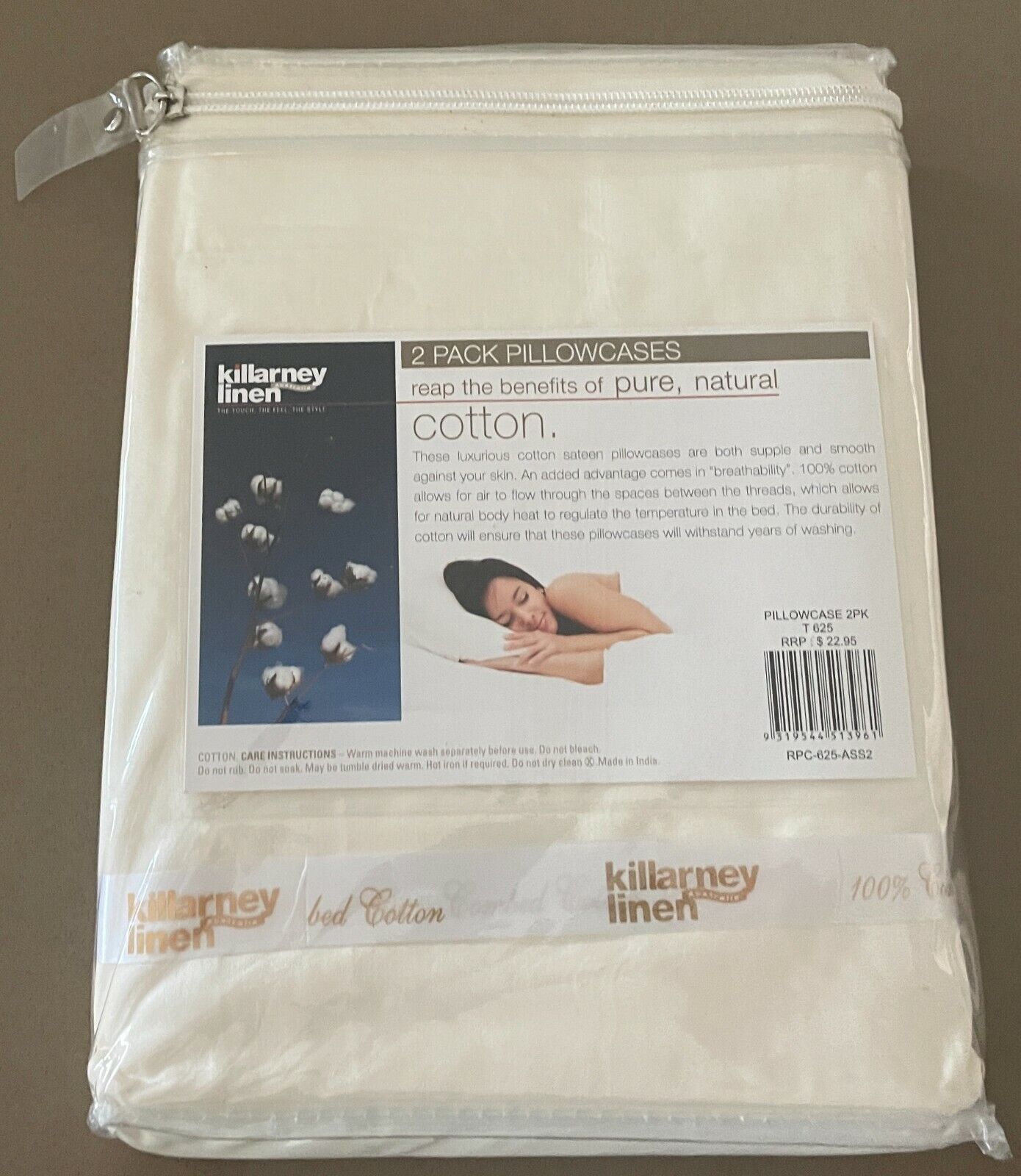 1980s KILLARNEY LINEN  2 Standard Pillowcases 100% Combed Cotton Off White NEW