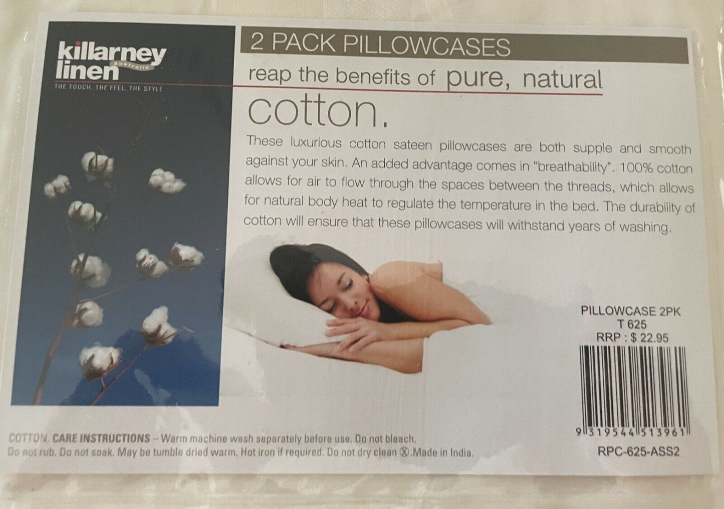 1980s KILLARNEY LINEN  2 Standard Pillowcases 100% Combed Cotton Off White NEW