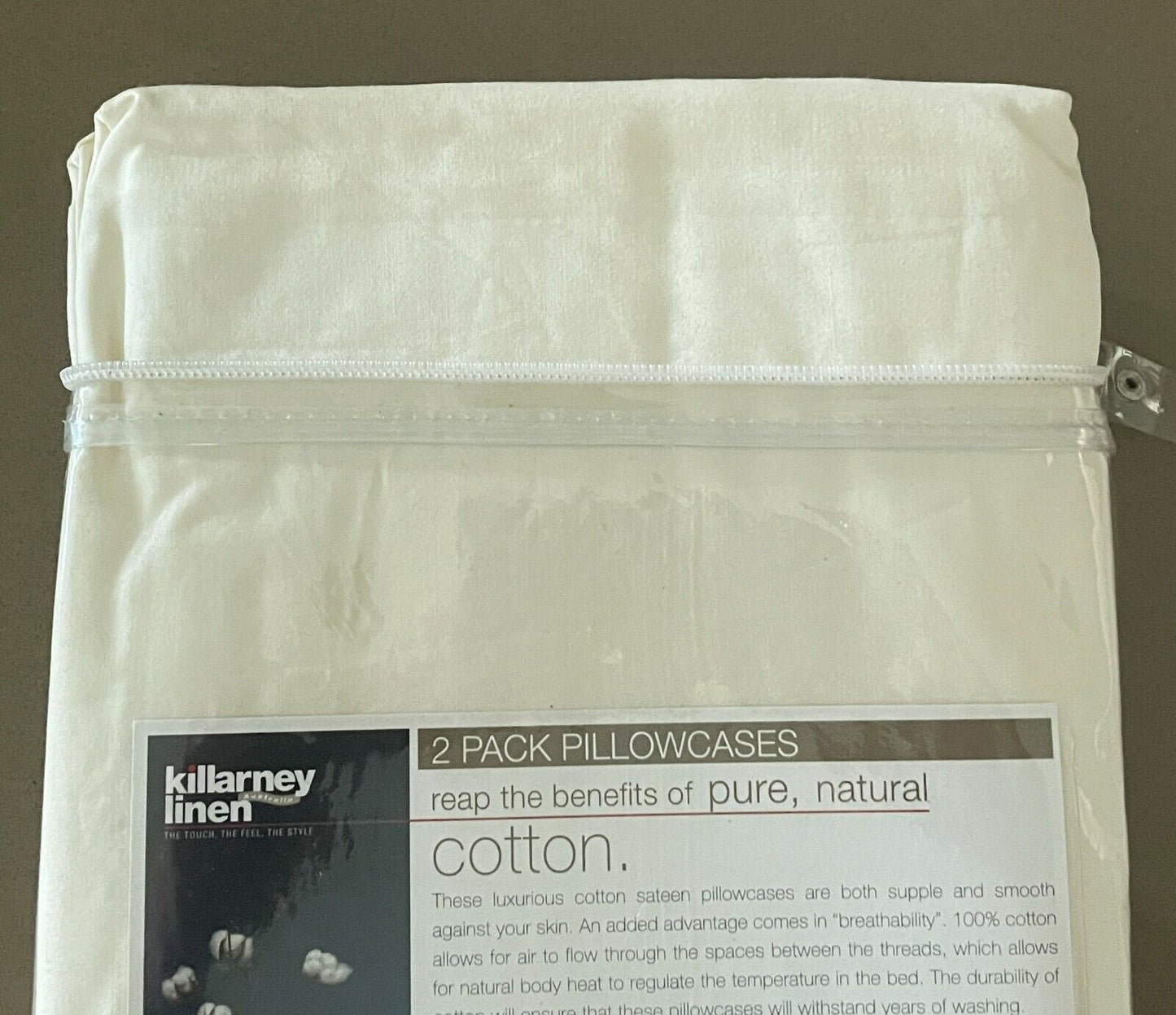 1980s KILLARNEY LINEN  2 Standard Pillowcases 100% Combed Cotton Off White NEW