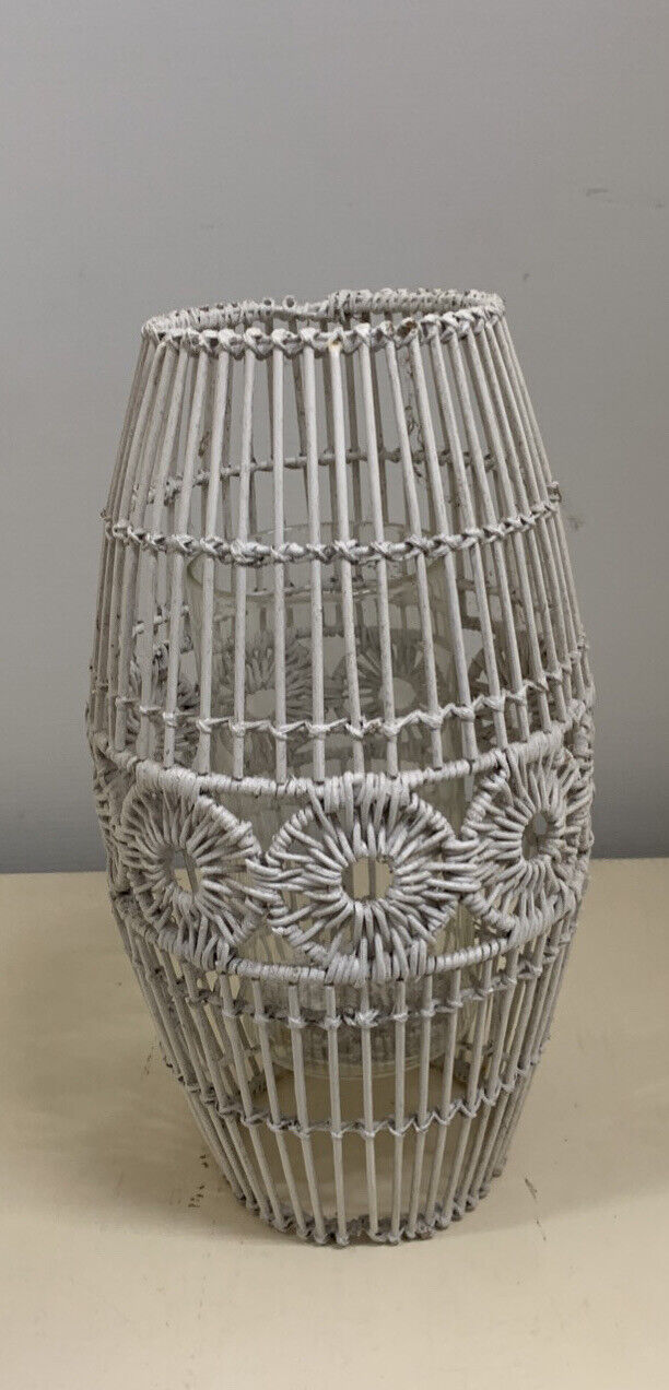 Boho hurricane lamp 35cm steel frame white wicker candle holder pillar tealight