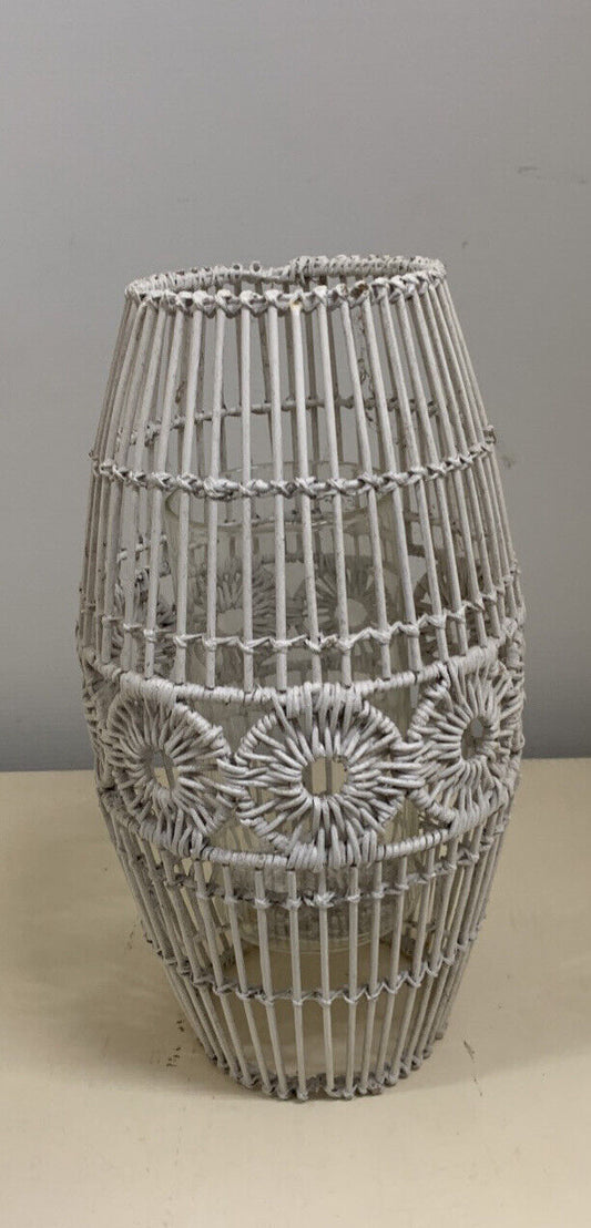 Boho hurricane lamp 35cm steel frame white wicker candle holder pillar tealight