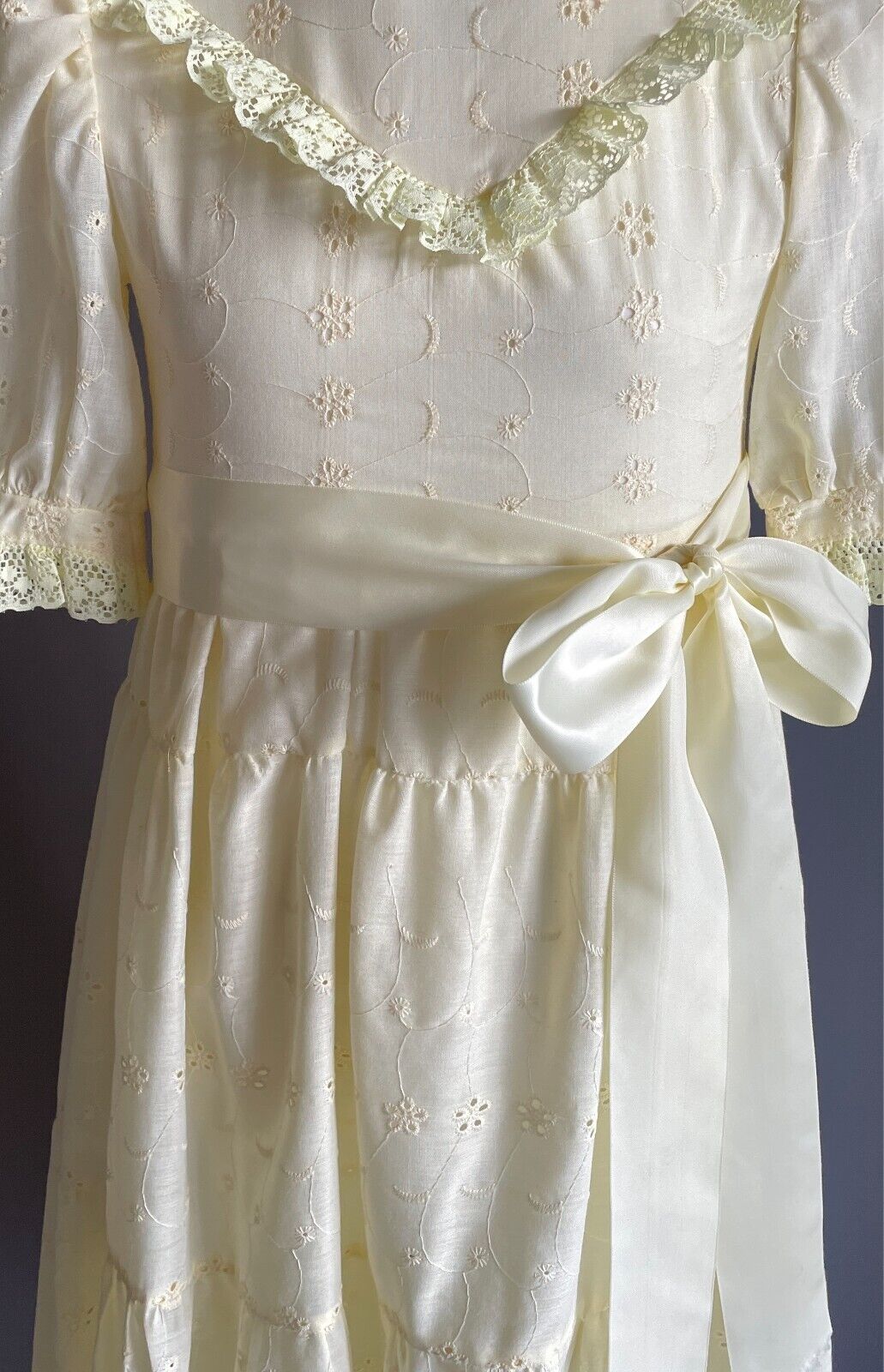 Vintage 1970s Maxi Dress Pale Yellow Broderie Anglaise Tier Girls Size 6 NEW