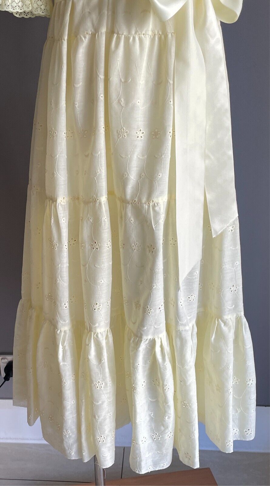 Vintage 1970s Maxi Dress Pale Yellow Broderie Anglaise Tier Girls Size 6 NEW