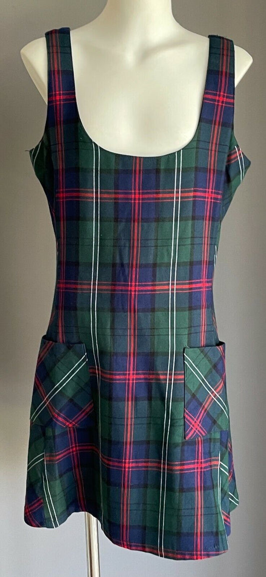 COSMIC BABE Tie Back Dress Blue Green Red White Check Tartan Sleeveless Size 8