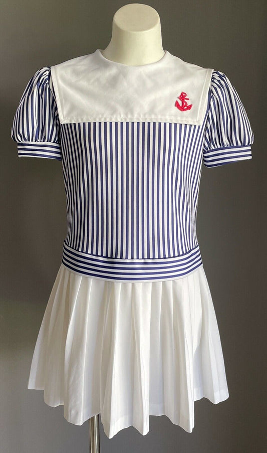 Vintage Sailor Dress 1970s LITTLE ANNE White Blue Stripe & Pleated Girls Size 7