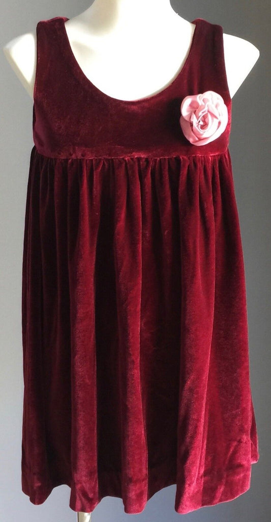 BURGUNDY VELVET Dress Handmade w Pink Flower Trim Girls Size 6 7 Stunning