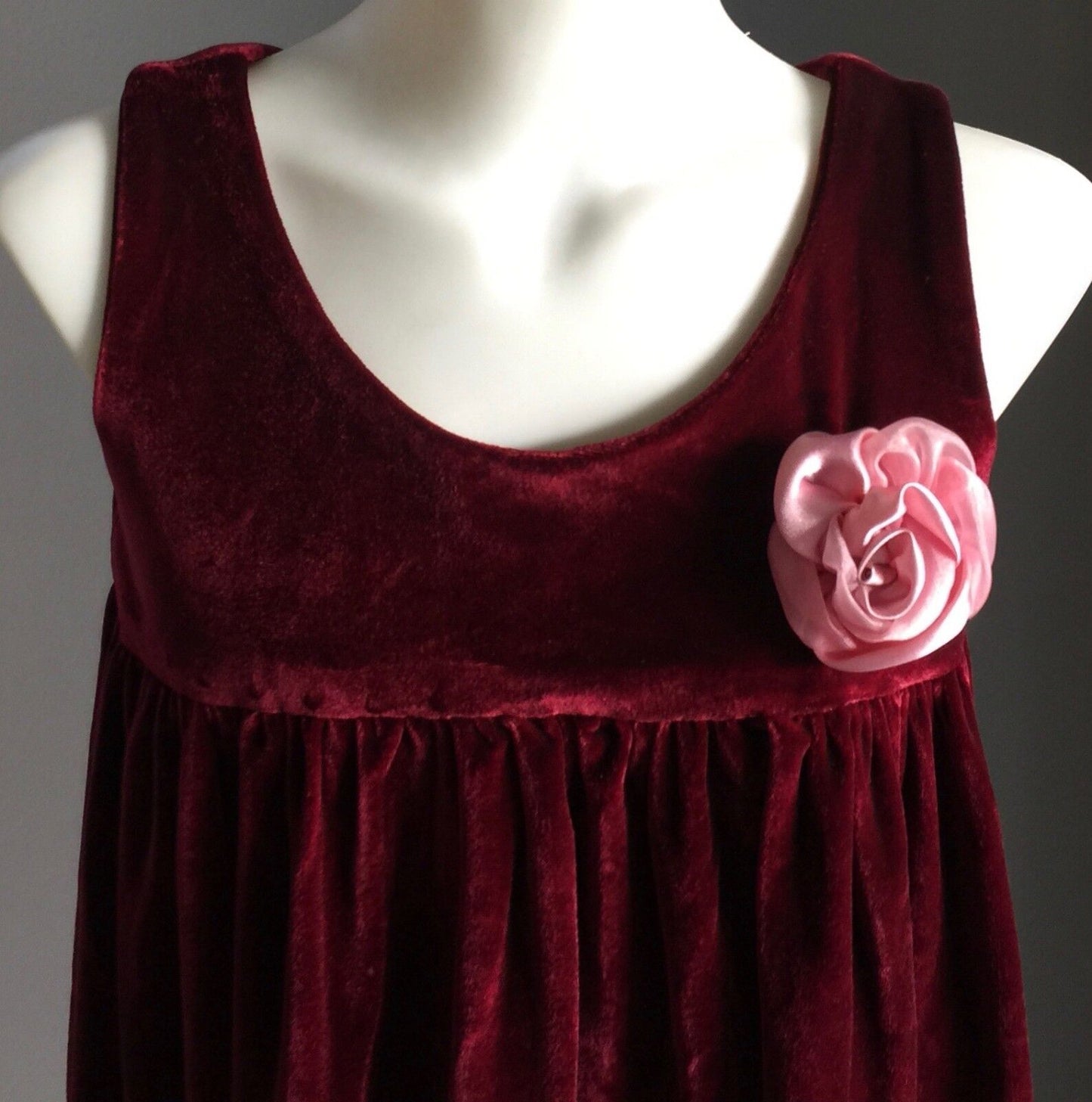 BURGUNDY VELVET Dress Handmade w Pink Flower Trim Girls Size 6 7 Stunning