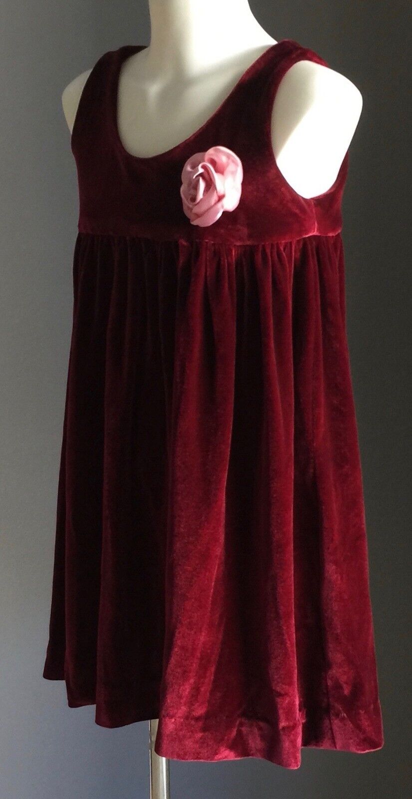 BURGUNDY VELVET Dress Handmade w Pink Flower Trim Girls Size 6 7 Stunning