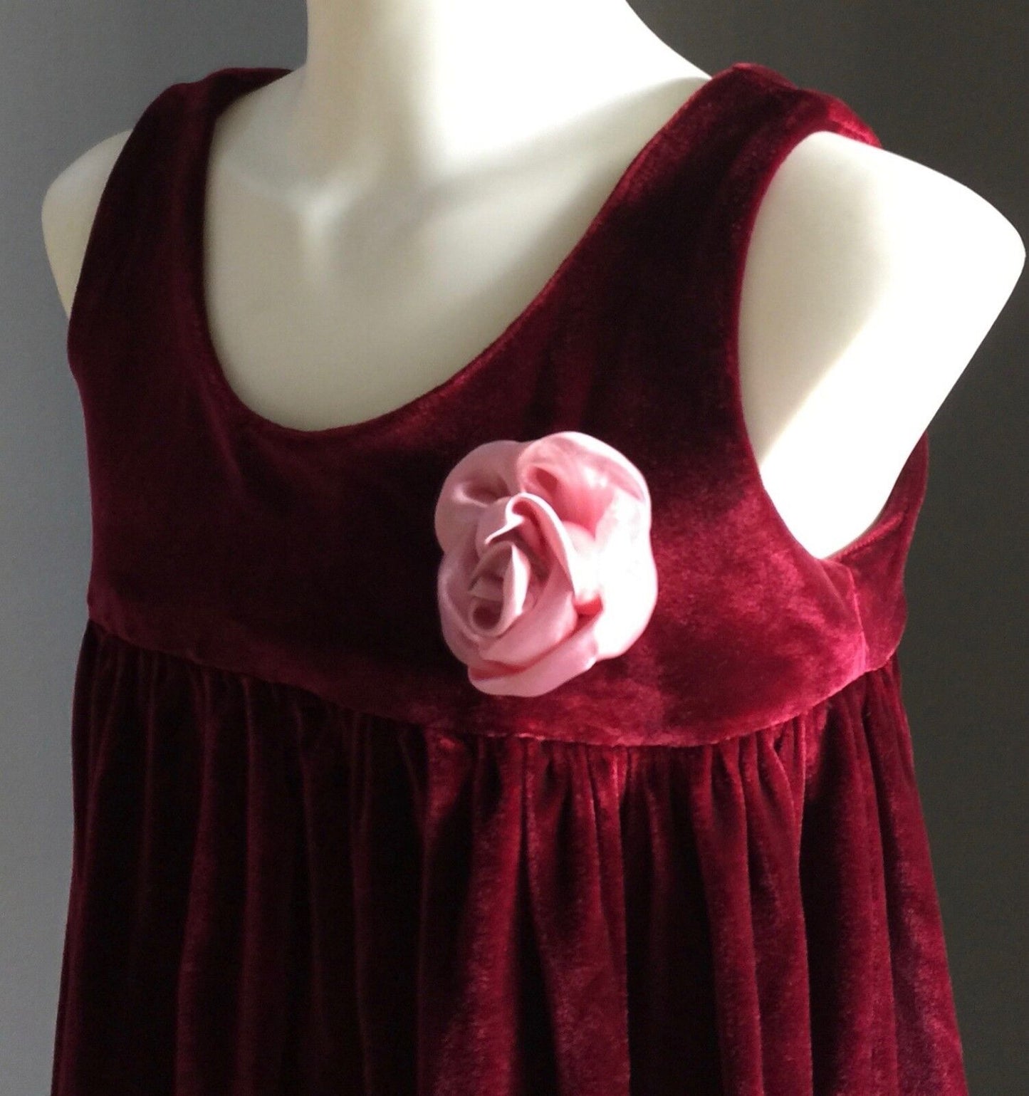 BURGUNDY VELVET Dress Handmade w Pink Flower Trim Girls Size 6 7 Stunning