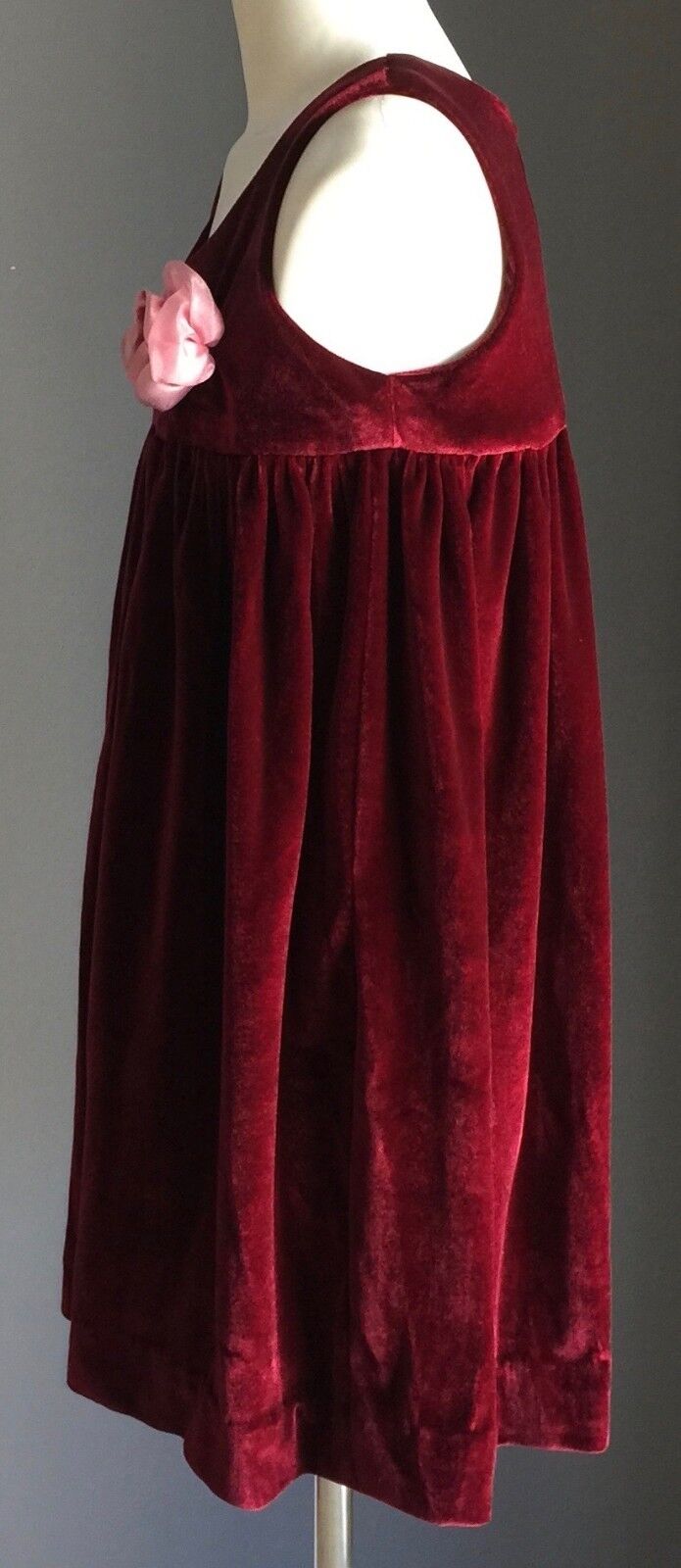 BURGUNDY VELVET Dress Handmade w Pink Flower Trim Girls Size 6 7 Stunning