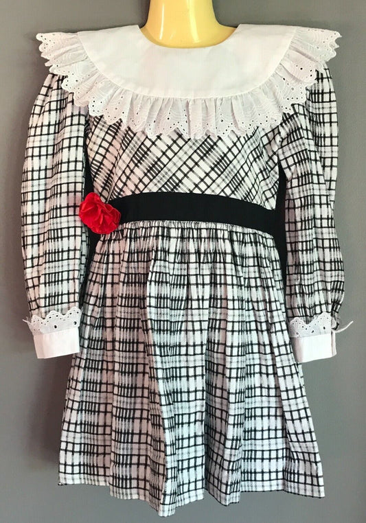 ELIZABETH ANNE Dress Black White Check Long Sleeve Collar Prairie Girls Size 6